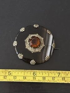 Viktorianische schottische silberfarbene & Achat Brosche mit Citrin Cairngorm Stein QB - Bild 1 von 7