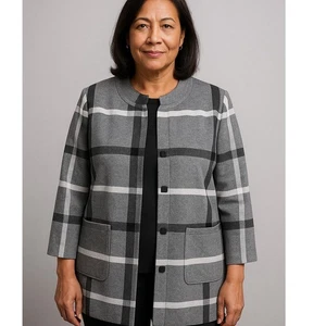 Gr. 1 x Strickjacke Jacke Staubtuch elegant Arbeitskleidung grau schwarz kariert Taschen - Bild 1 von 12