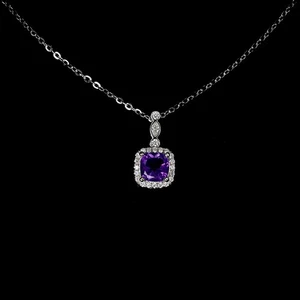 925 Sterling Silver Necklace Cushion Amethyst 6mm Natural Gemstone Jewelry 18 In - Picture 1 of 14