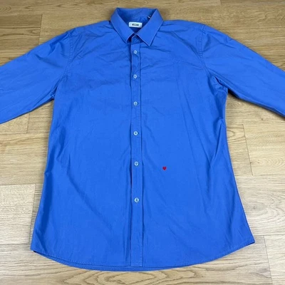Moschino Blue Cotton Long Sleeve Shirt Red Heart Logo Size 17/43 Designer Smart - Image 1 of 4