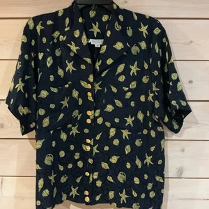 Cherbella Ladies Shirt 100% Silk Navy W/ Yellow Shells Starfish Buttons - Picture 1 of 6