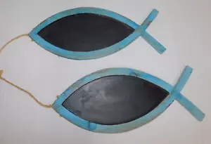 TWO Teal Blue Black Wooden Fish Wall Decor Nautical Theme About 16 inches - Picture 1 of 5