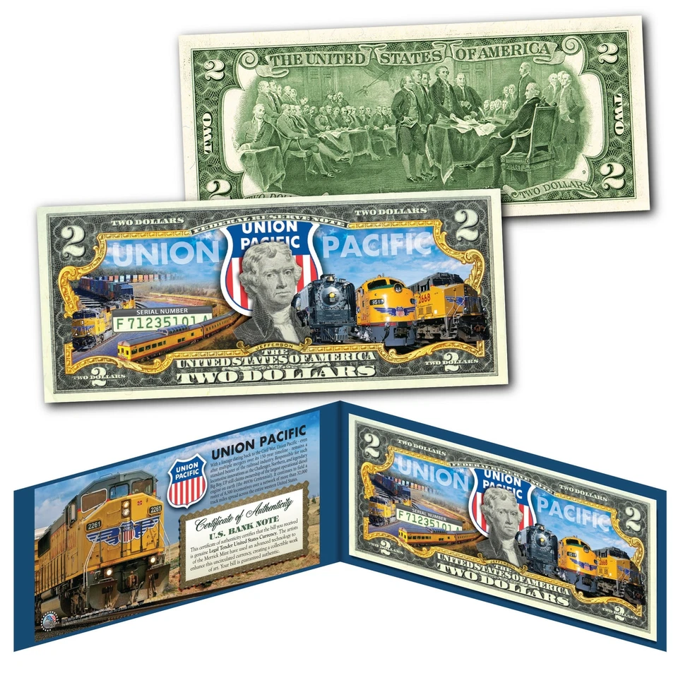 UNION PACIFIC Train Company GE Locomotora Ferrocarril EE. UU. Billete de $2 - EL MÁS GRANDE DEL MUNDO Foto 1 de 1