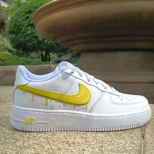 Nike Air Force 1 Custom White Shoes Mustard Yellow Drip Swooshes Mens Womens - Picture 1 of 13