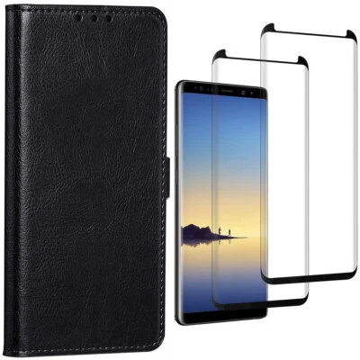 Funda protectora de pantalla de cuero tipo billetera abatible negra para Samsung Galaxy Note8 Foto 1 de 4