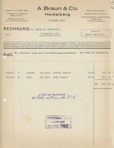 Rechnung Heidelberg Braun Würfelzucker Perlzucker Winzrieth Rotenfels 1930 - Bild 1 von 2