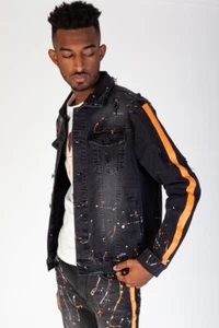 MEN'S ORANGE PAINT SPLATTER STRIPED DISTRESSED BLACK BUTTON DENIM JACKET S-XL - Picture 1 of 3