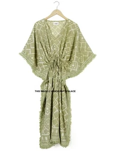 Maxi abito Anokhi, vintage indiano stampa blocco cotone caftano, caftano verde hippie - Foto 1 di 3