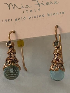 Mia Fiore Rose 14K Gold Plated Bronze Aqua Crystal Earrings Brand New - Picture 1 of 3