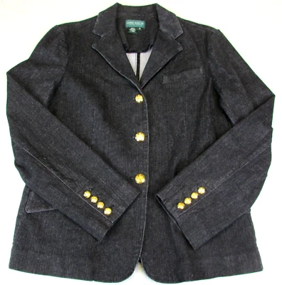Lauren Jeans Co. Black Denim Jacket Blazer Gold Logo Buttons Size 12 Ralph Vtg? - Image 1 of 4
