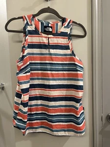 North Face Tank Top Women’s Medium Striped Keyhole 100% Cotton Red Blue White - Picture 1 of 10