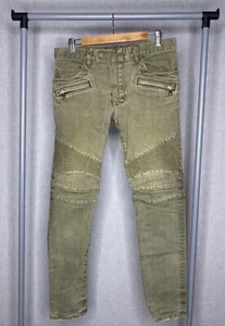 Balmain Decarnin Era Japanesse Denim Biker Jeans Size 32 Army Green Khaki - Picture 1 of 8