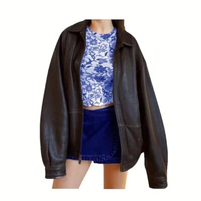 Oversize Bomber Lambskin Soft Real Leather Jacket, Women 90s Fashion Jacket - Image 1 of 4