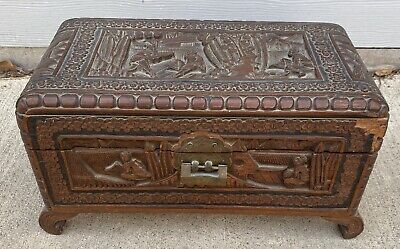 VINTAGE ANTIQUE HAND CARVED WOODEN YU TING GOOD LUCK ORNATE WOOD CHEST Box • 52.41£