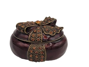 Jeweled Enamel Trinket Box Egg Shaped Hinged Brass And Rhinestone Bow Vintage - Picture 1 of 9