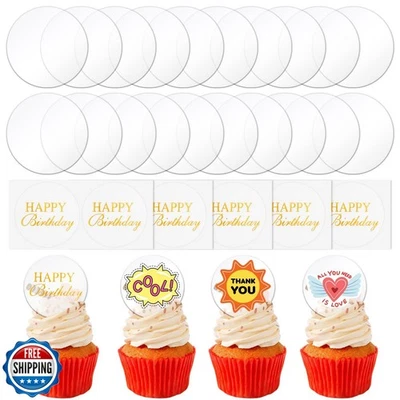 Paquete de 20 adornos para cupcakes Wolpark redondos de acrílico transparente de 2 pulgadas con palo de cumpleaños Foto 1 de 4