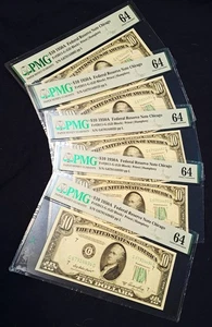 5 notes -1950A-10 Dollar Chicago Federal Reserve Notes -Sequential serial #'s - Picture 1 of 7