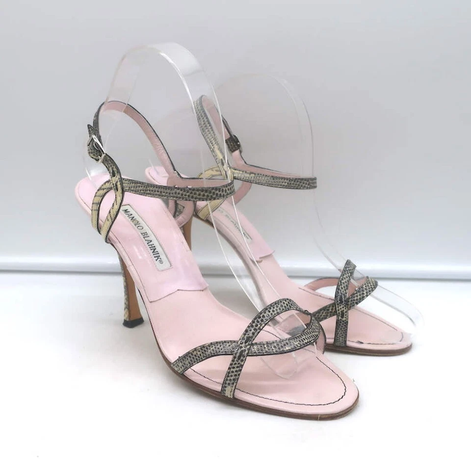 Manolo Blahnik Iriedo Lizard Skin Ankle Strap Sandals Cream/Black Size 38.5 - Image 1 of 4