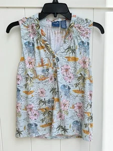 Caribbean Joe Womens Tank Top Aqua Surf Board Floral Petite Small Henley Neck - Picture 1 of 4