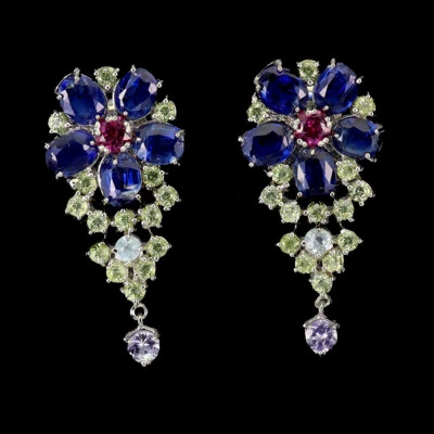 Sommer 925 Silber Ohrringe Oval Kyanit Peridot Granat Natürlich Edelstein Jewelr - Bild 1 von 4