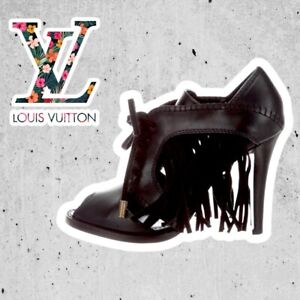 Louis Vuitton Dakota Fringe Peep-Toe Boho Booties Heels Lace Up LV Logo Ends