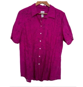 Chico’s Women’s Sz 2(L) Sheer Burnout Magenta Button Down Shirt - Picture 1 of 7