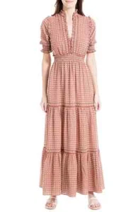 Max Studio $148 Peasant Smocked Waist Clay Geometric Tiered Maxi Dress Size L - Picture 1 of 3