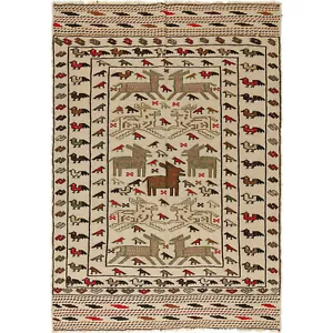 Handmade Afghan Oriental Pictorial Kid Room White Kilim Wool 4'1x5'9 Rug -R22256 - Picture 1 of 7