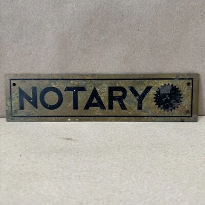 NOTARY * Old Brass Advertising Sign Store Display Business Bank Impressed Design - Photo 1/3