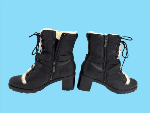 Stivali con tacco UGG Ingrid in pelle nera stile combattimento nuovi con scatola misura 8 5
