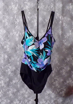 Miraclesuit Floral One Piece Size 10 Vintage 2000s Y2K Black Blue Purple Retro - Image 1 of 4