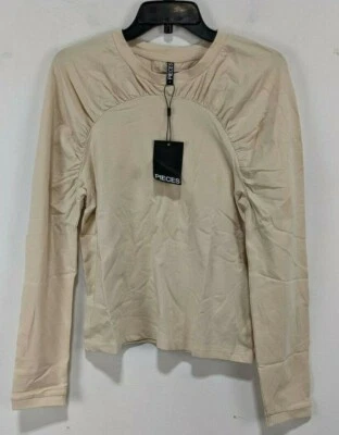 Women's Pieces Beige Long Sleeve Scrunched Shirt - Medium - Image 1 of 3