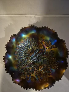 Northwood Vintage Carnival Glass Bowl Amethyst Wishbone Pattern Ruffled Edge - Picture 1 of 9