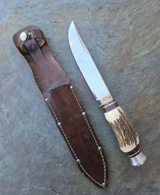 VINTAGE ENCO SOLINGEN GERMANY STAG HUNTING KNIFE WITH LEATHER SHEATH - EXCELLENT - Image 1 of 4