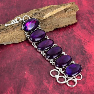 Natural Pink Flash Labradorite Gemstone 925 Sterling Silver Jewelry Bracelet - Image 1 of 4