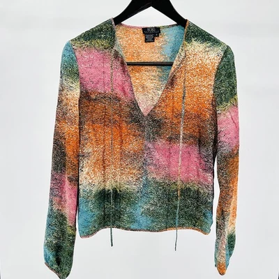 Blusa Top BCBG Max Azria Multicolor Abstracto Estampado Salpicaduras Satén Seda Foto 1 de 4