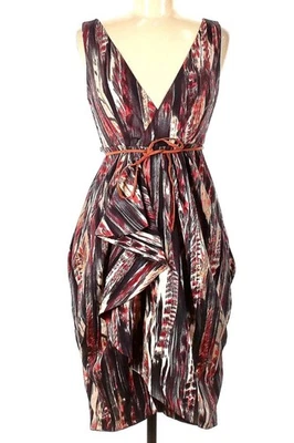 H & M SLEEVELSS BELTED V NECK LINNED DRESS BROWN PRINT DRESS SZ 12 - Image 1 of 4