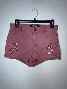 Express Brand Mid Rise Shortie Dusty Rose Embroidered Floral Shorts women's sz 0 - Picture 1 of 13