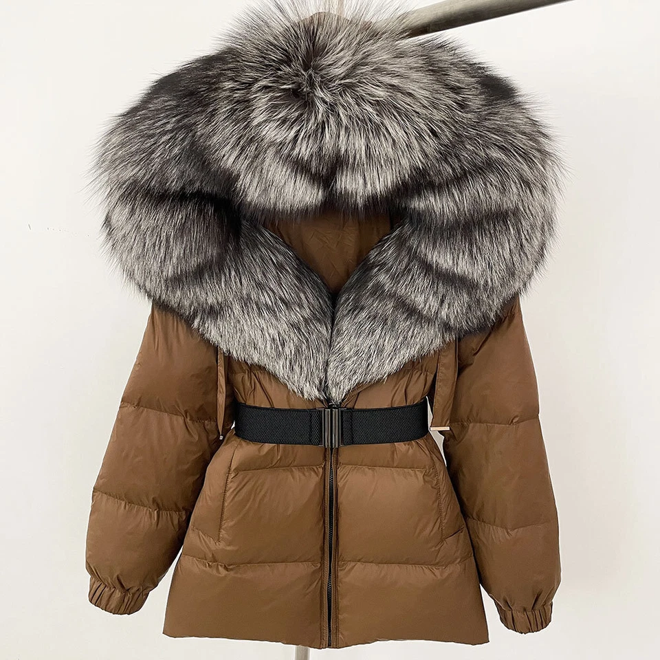 Hooded Womens Real Fox Fur Big Collar Down Jacket Short Coat Overcoat Outwear sz - Image 1 of 4