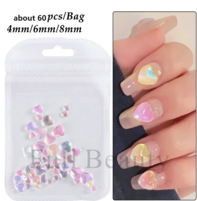 60 piezas dijes holográficos 3D corazón arte en uñas tamaño mixto láser uñas estrás NS54 Foto 1 de 4