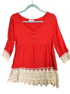 Blusa túnica Umgee mujer talla M manga 3/4 cuello en V encaje ribete coral naranja top Foto 1 de 4
