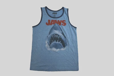 JAWS Mens Shark Terror Movie Poster Print Heather Blue Tank Top Shirt New Small - Image 1 of 4