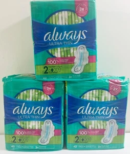 3 Packs Always Ultra Thin Size 2 Long Super with Flexi-Wings 42 Pads/Pack - Picture 1 of 4