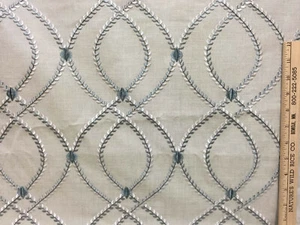 Fabric Gray Linen Silver Leaf Oval Lattice Wave Weave Dot Embroidered 83" Long - Picture 1 of 3