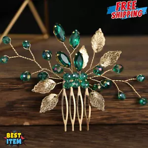 Gold Tone Vine Leaf Bridal Hair Comb With Emerald Green Crystal Women's Hair Pin - Picture 1 of 3