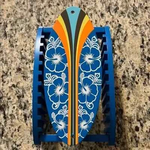 Blue Multi Color Floral Wooden Surf Board CD Disc Case Holder New - Picture 1 of 2