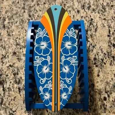 Blue Multi Color Floral Wooden Surf Board CD Disc Case Holder New - Image 1 of 2