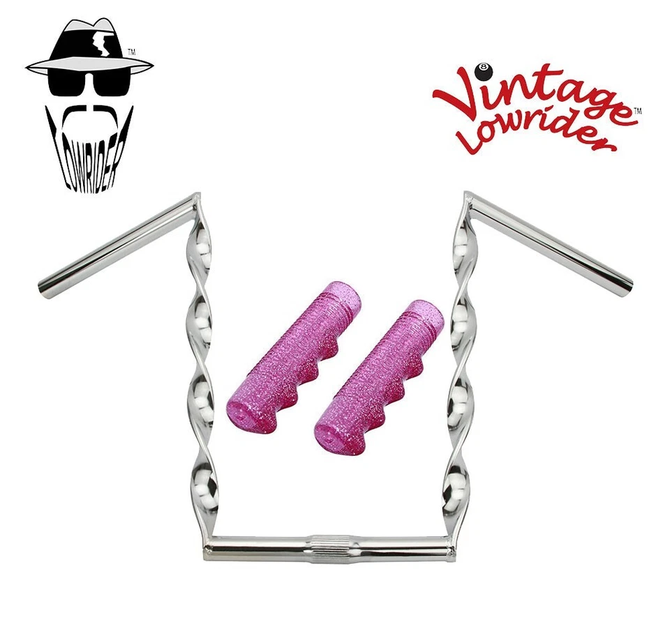 Manillar Lowrider vintage 12" trenzado plano CROMO 25,4 mm y 120 mm empuñaduras SPARKLE. Foto 1 de 1