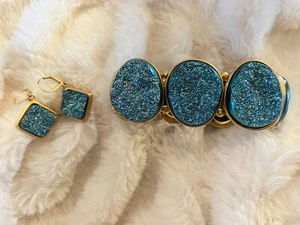 Joan Rivers Simulated Drusy Blue Stretch Oval Bracelet & Drop Earrings - Picture 1 of 5