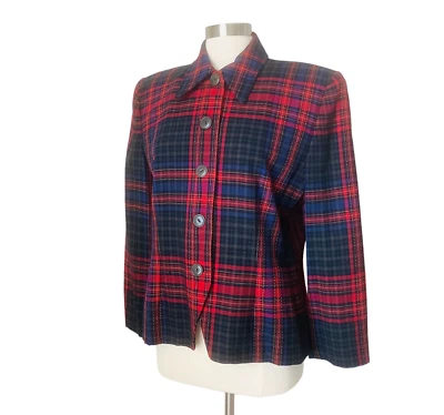 Vintage Linda Allard Ellen Tracy Wool Plaid Blazer Jacket Size 14 TINY FLAW - Image 1 of 4